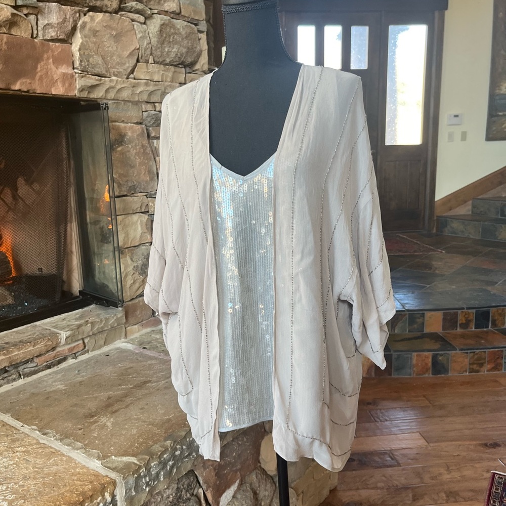 Chan Luu Silver Sequin Top and Beaded Light Gray Kimono set